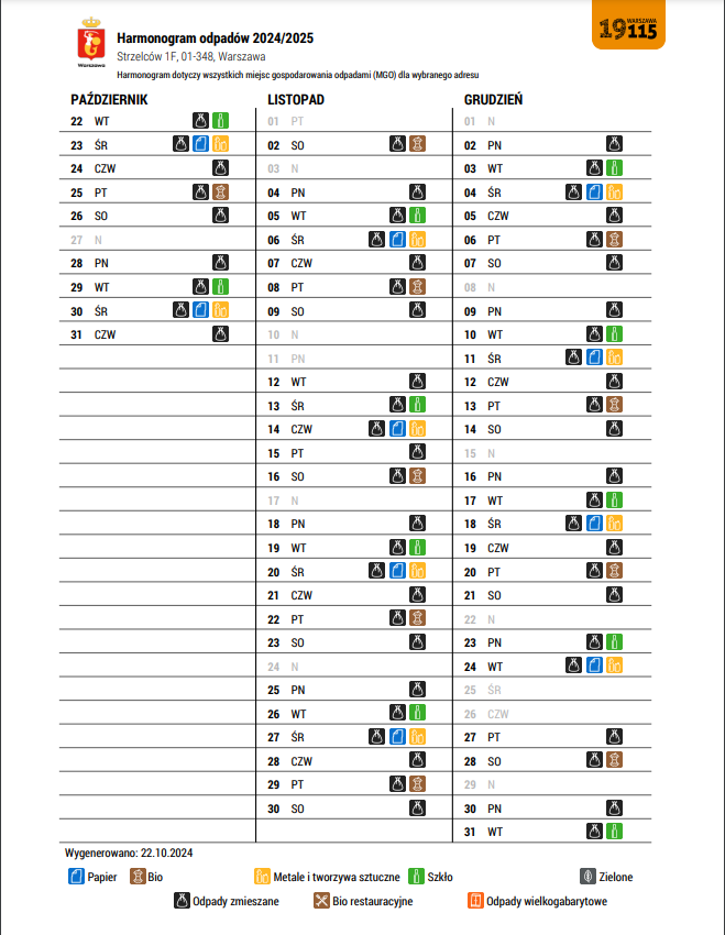 2024 10 22 harmonogram wywozu śmieci St1F