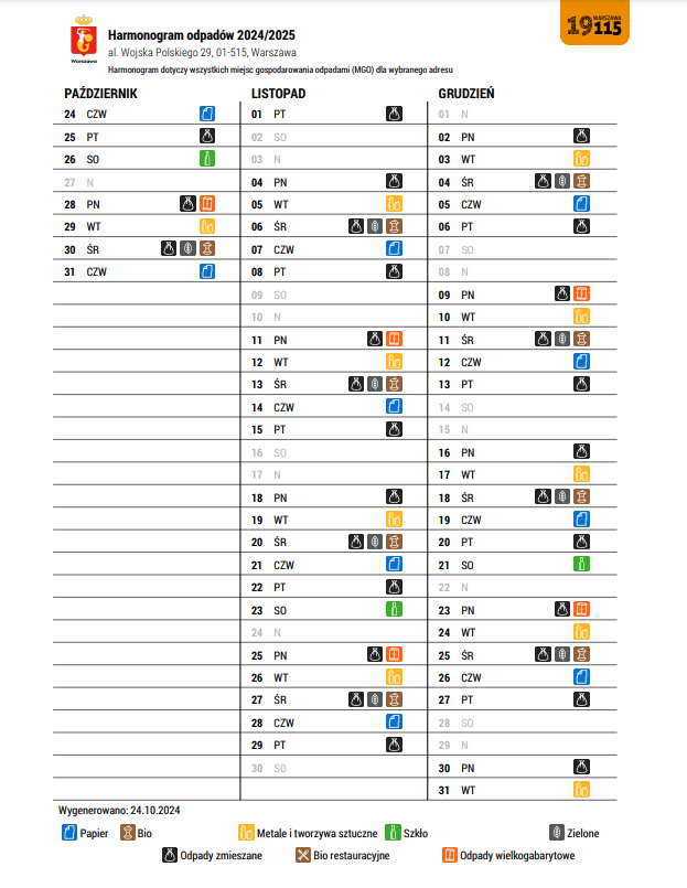harmonogram odbioru odpadów 2024 WP29A