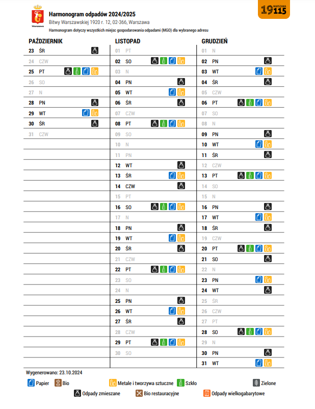 harmonogram wywozu odpadów 2024 BW12