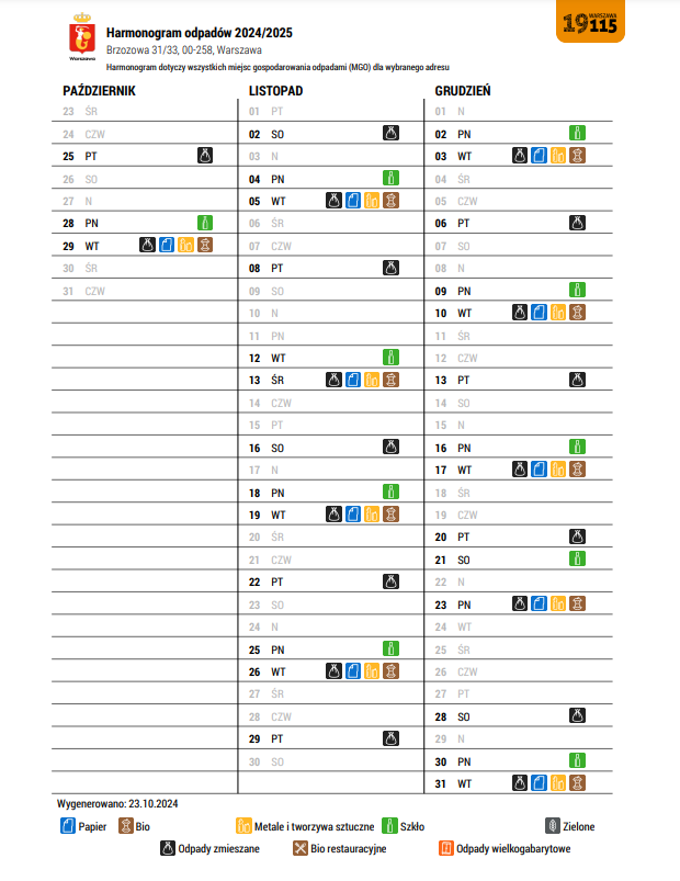 harmonogram wywozu odpadów 2024 Br31
