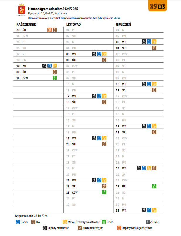 harmonogram wywozu odpadów 2024 By10