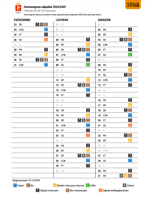 harmonogram wywozu odpadów 2024 Ch50