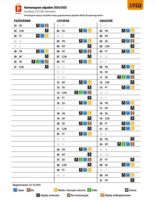 harmonogram wywozu odpadów 2024 Geo2