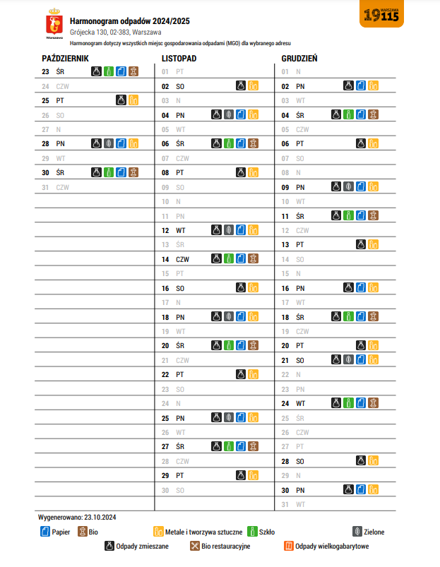 harmonogram wywozu odpadów 2024 Gr130