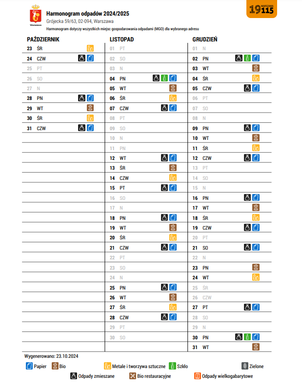 harmonogram wywozu odpadów 2024 Gr59