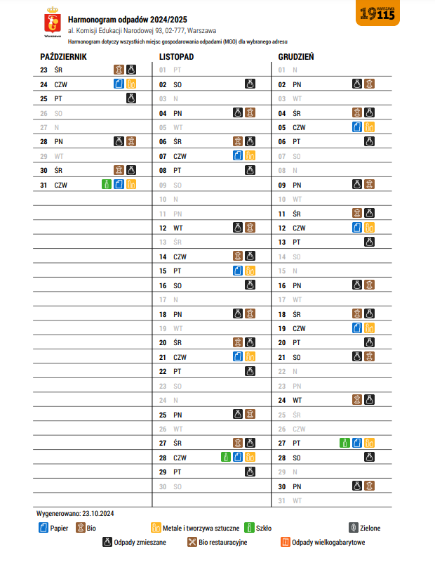 harmonogram wywozu odpadów 2024 KEN93