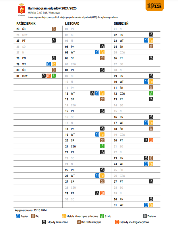 harmonogram wywozu odpadów 2024 Mi9