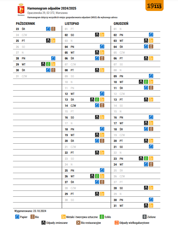 harmonogram wywozu odpadów 2024 Op29