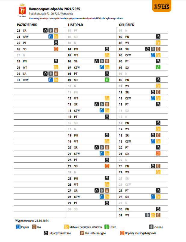 harmonogram wywozu odpadów 2024 Po73