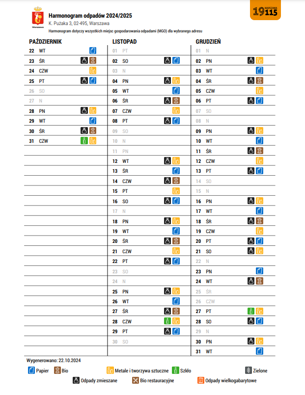 harmonogram wywozu odpadów 2024 Pu3