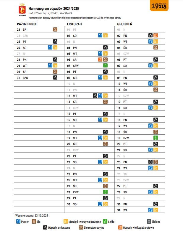 harmonogram wywozu odpadów 2024 Ra17
