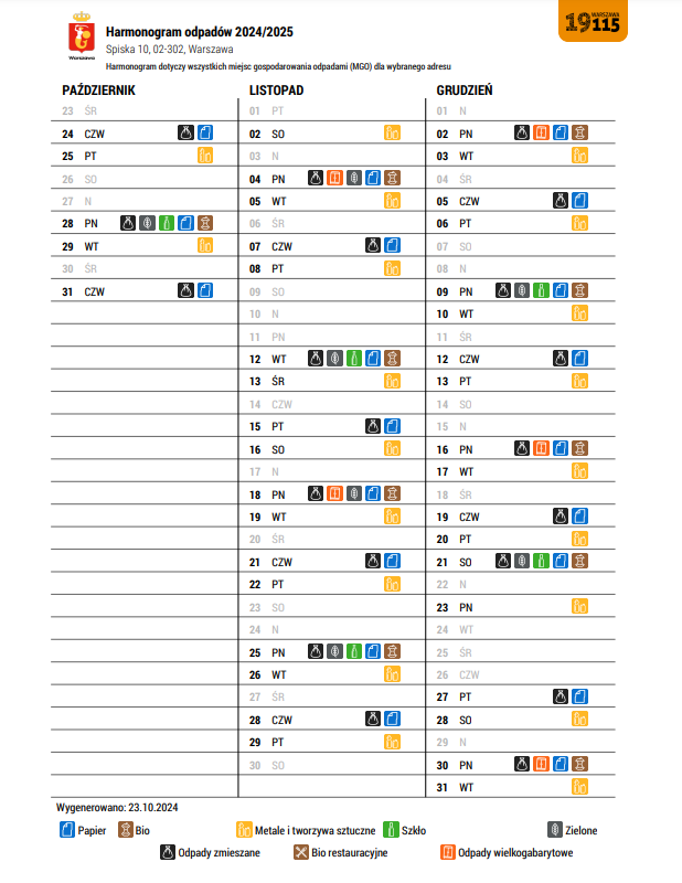 harmonogram wywozu odpadów 2024 Sp10