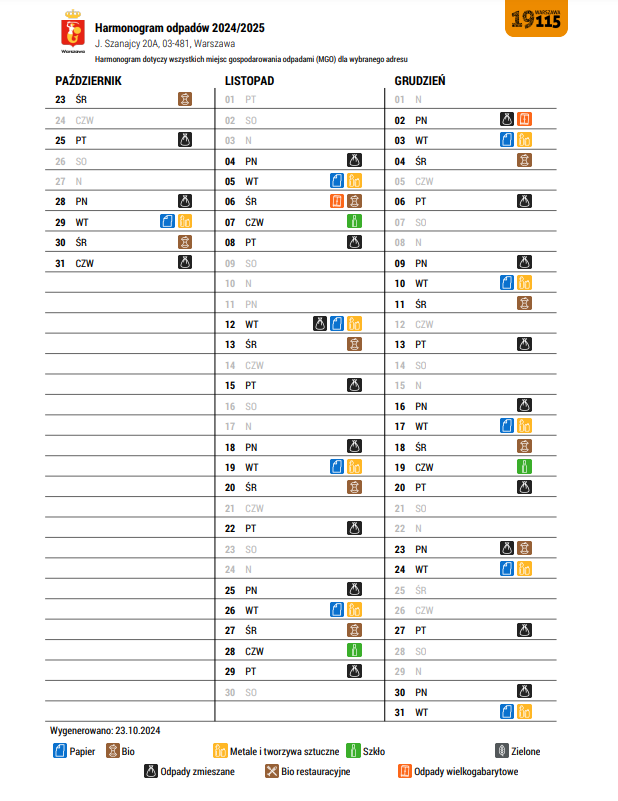 harmonogram wywozu odpadów 2024 Sz20A