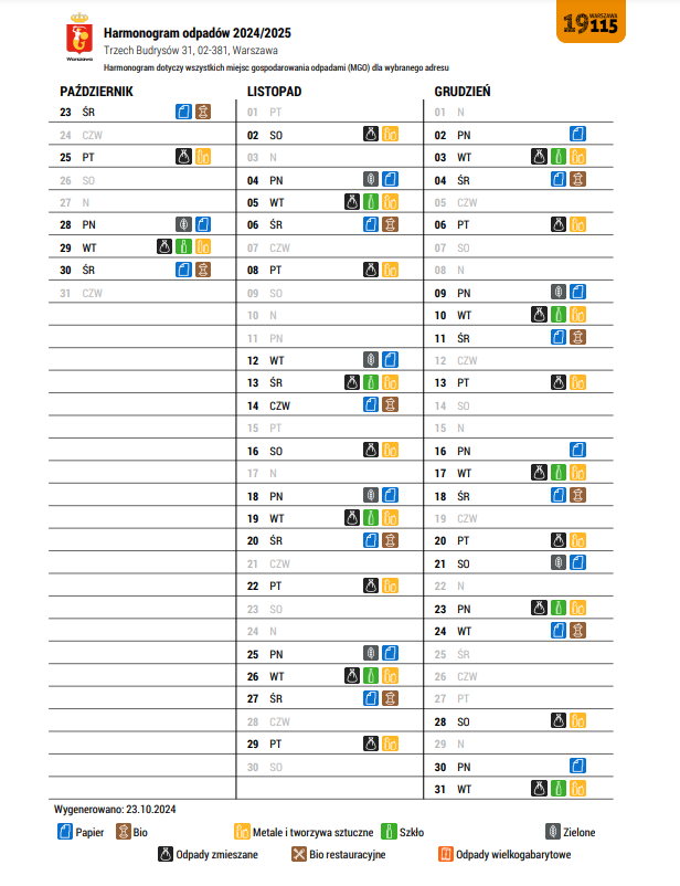 harmonogram wywozu odpadów 2024 TB31