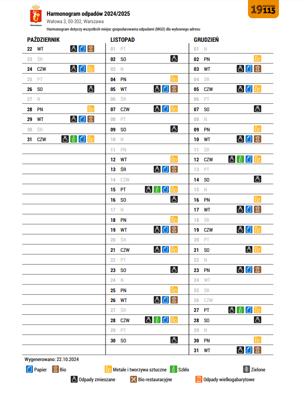 harmonogram wywozu odpadów 2024 Wa3