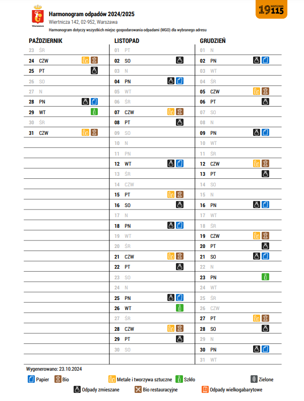 harmonogram wywozu odpadów 2024 Wr142