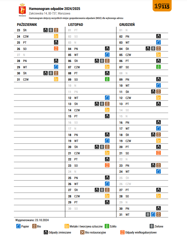 harmonogram wywozu odpadów 2024 Za14